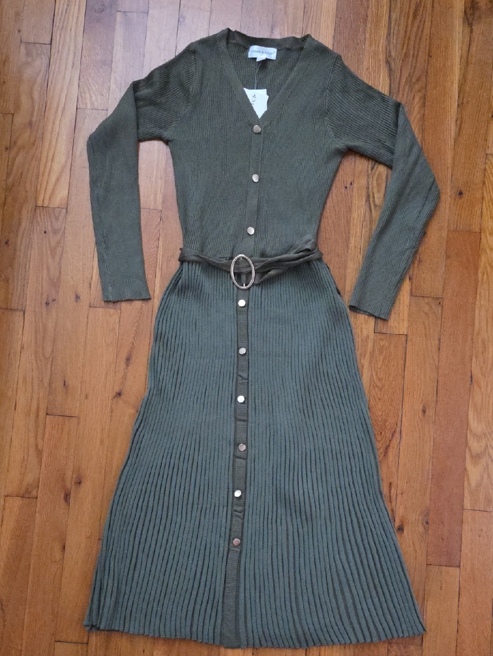 Olive Rib-Knit Long Sleeve Button-Front Midi Dress with Belt